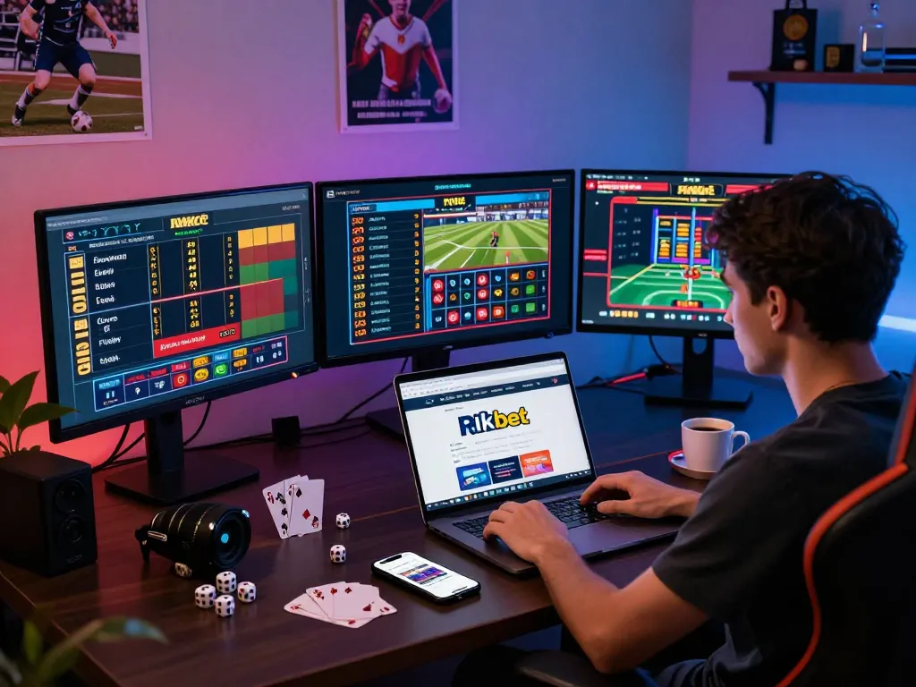 Online betting user engaging with rikbet on multiple screens in a vibrant home office.