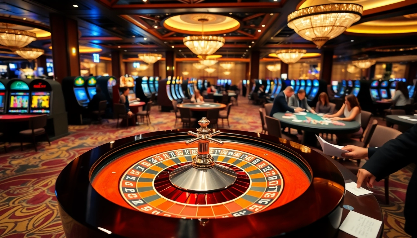 Excitement fills the air at a casino scene inspired by https://58win.cafe/, with players enjoying roulette and slots.