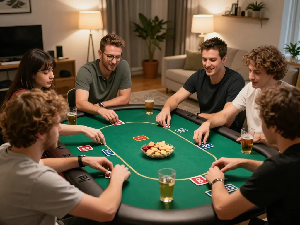 Players at a home game night experiencing the thrill of poker with B52 Club, enjoying drinks and snacks.
