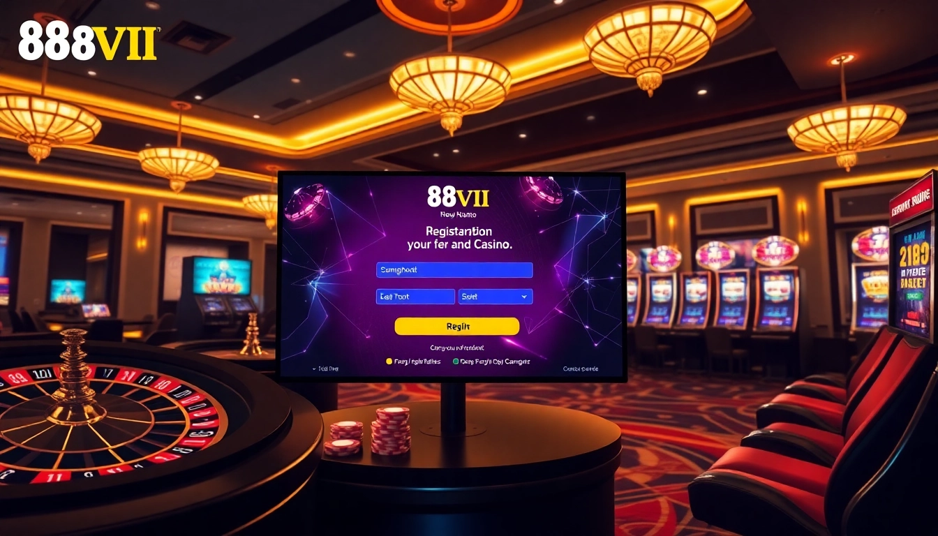 Register at Đăng Ký Nhà Cái 68VIP in a vibrant online casino setting with poker chips and slot machines.