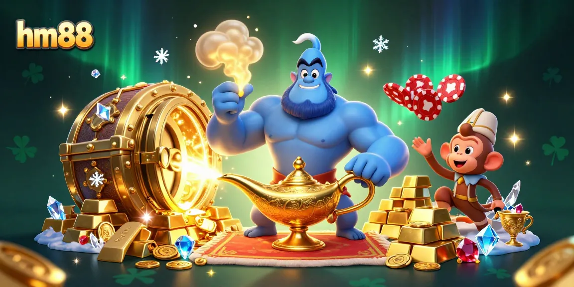 Experience the thrill of hm88 with a dynamic scene showcasing a genie, monkey, and magic carpet amidst treasures and casino elements.