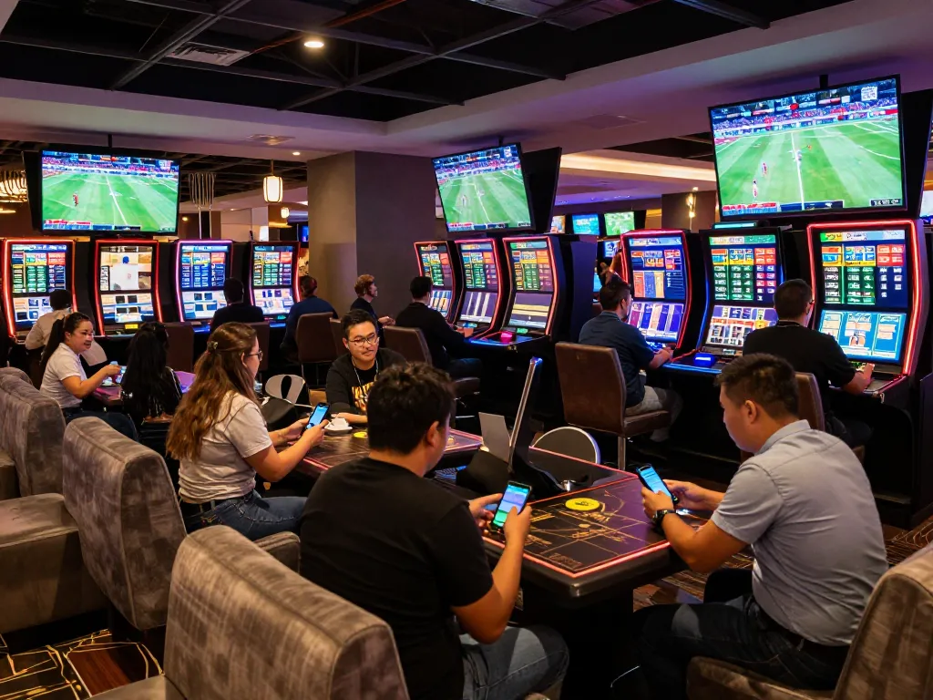 Sports bettors actively analyzing keobongda odds on multiple screens, engaging in strategic wagering.