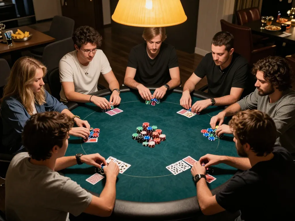 Players enjoying a competitive poker night at home, strategizing bets with excitement using 56WIN.