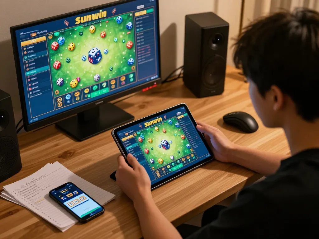 Tài Xỉu Sunwin gameplay on a tablet, showcasing vibrant dice and betting options.