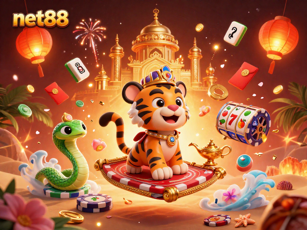 Experience the excitement of net88 with a vibrant casino-themed 3D illustration featuring a tiger sultan and dynamic elements.