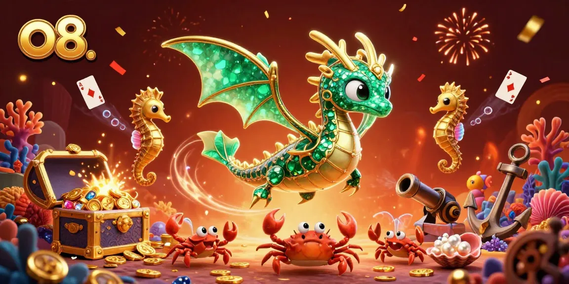 Engage with o8's vibrant underwater casino scene featuring a sea dragon, treasure, and gaming elements.