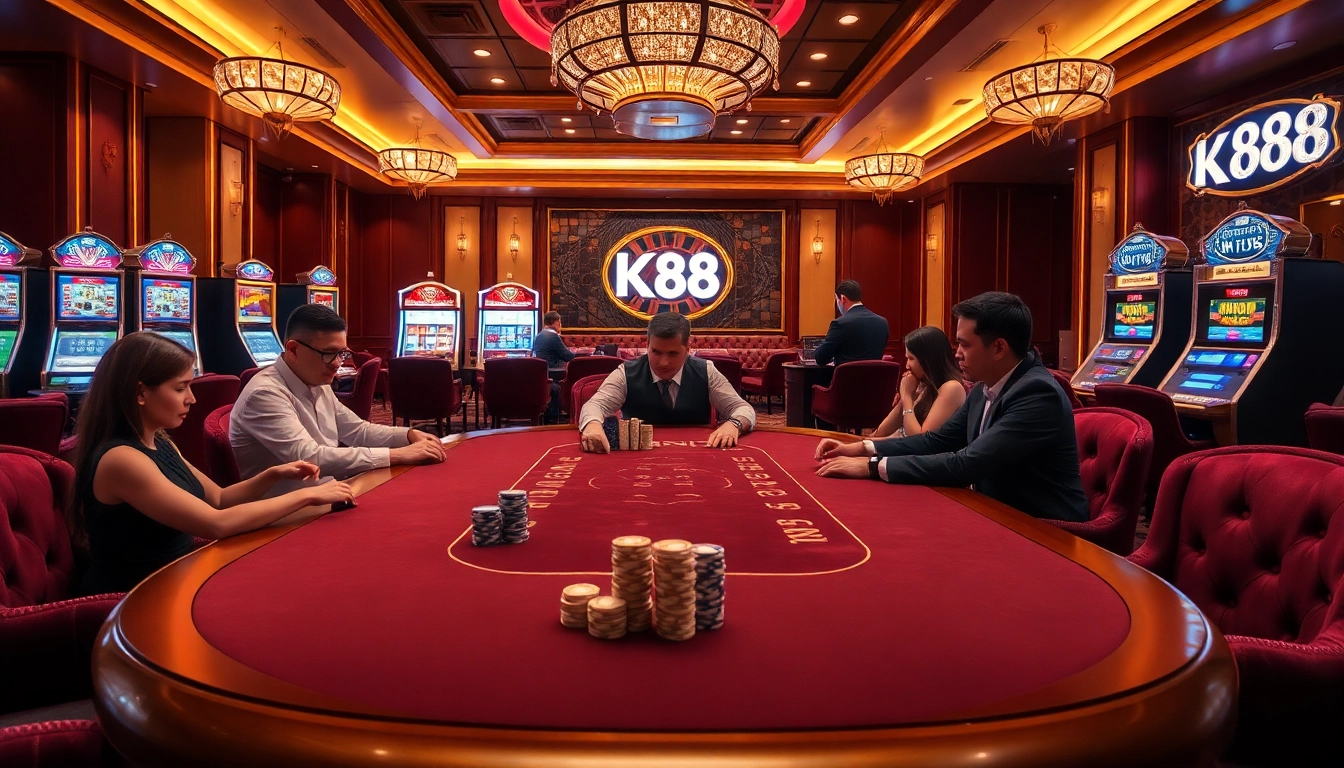 Experience the excitement of KP88 casino with professional dealers at a vibrant poker table.