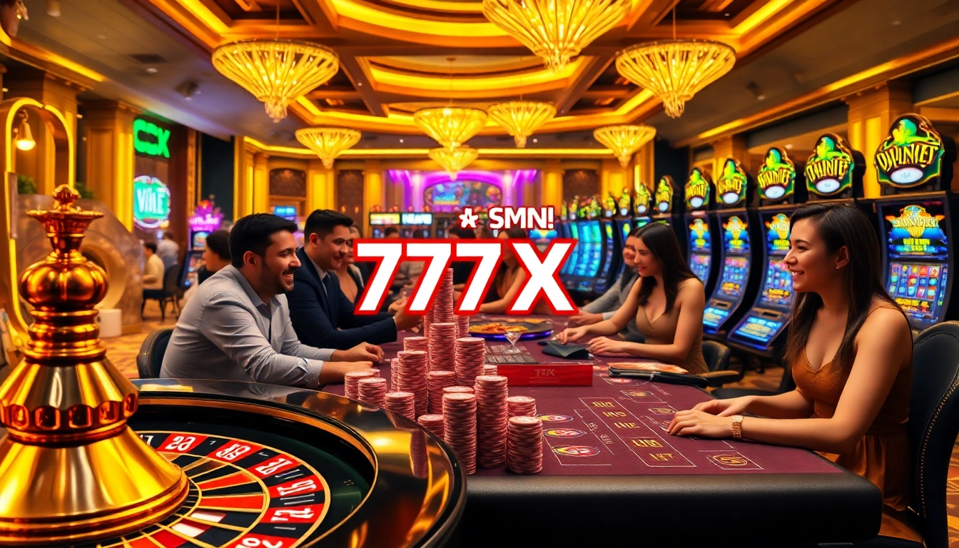 Players celebrating their 777X win at an upscale casino with roulette and cards.