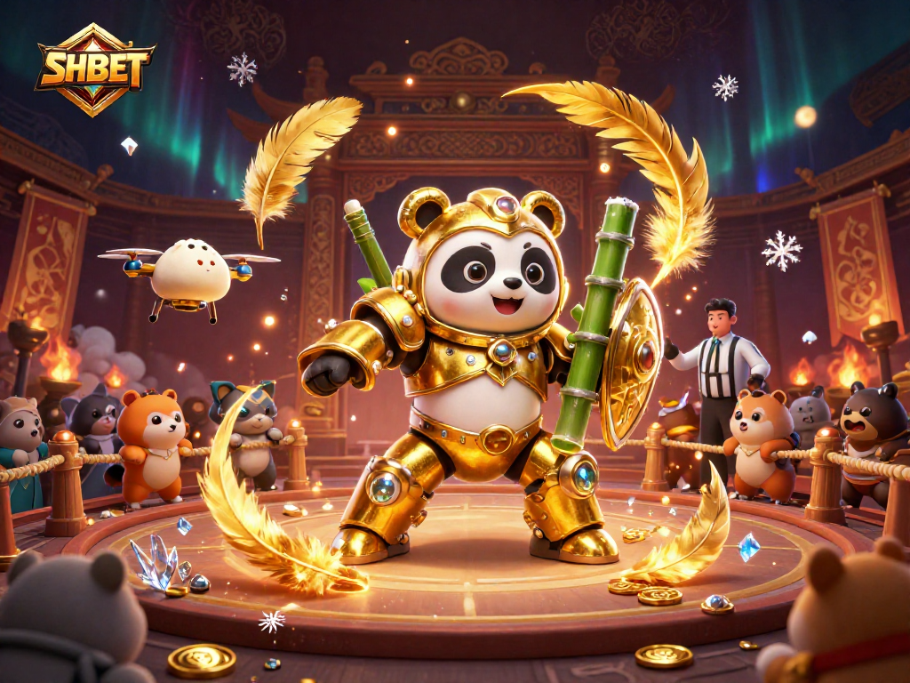 Engage with SHBET in a vibrant arena with a golden panda and dynamic gambling elements.