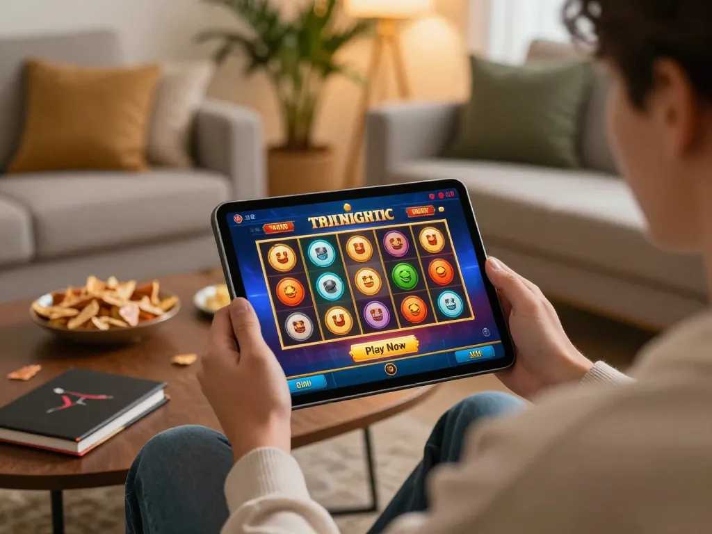 A person enjoys sun win online gaming on a tablet in a cozy home setting, showcasing a vibrant slot game.