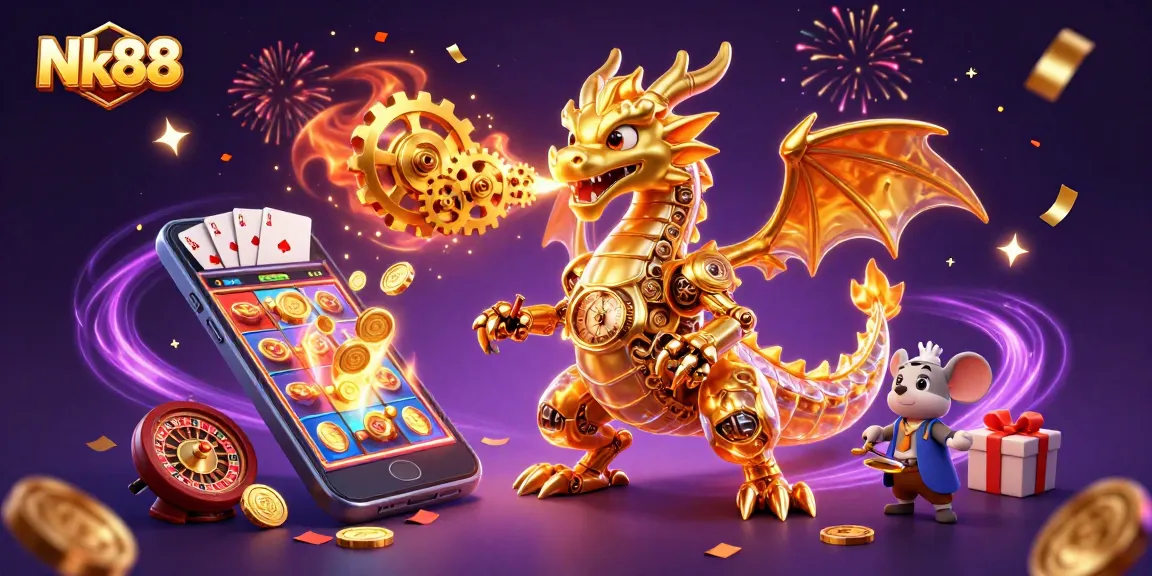 Spin vibrant slot games at Nk88, where a dragon and mouse engineer create magic with gold treasures.