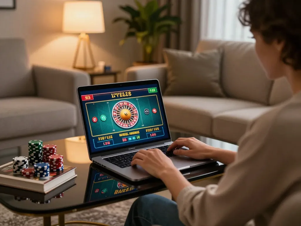 LLWIN user engaging in strategic online betting at home with a laptop displayed on screen