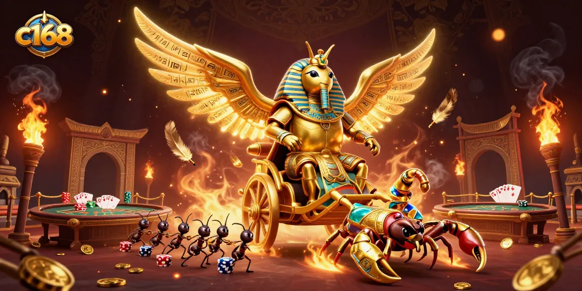 Experience thrilling poker action at c168 with a vibrant scene of a colossal golden scarab and scorpions.