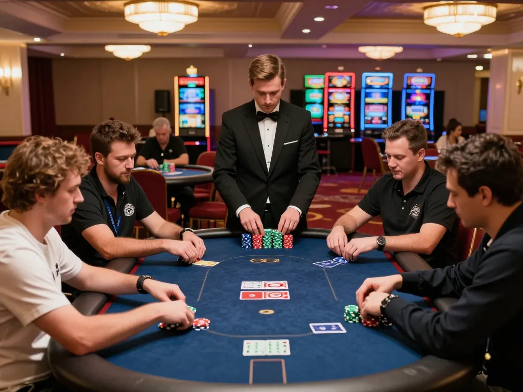 Go8 players engaged in intense poker strategy at a vibrant casino table