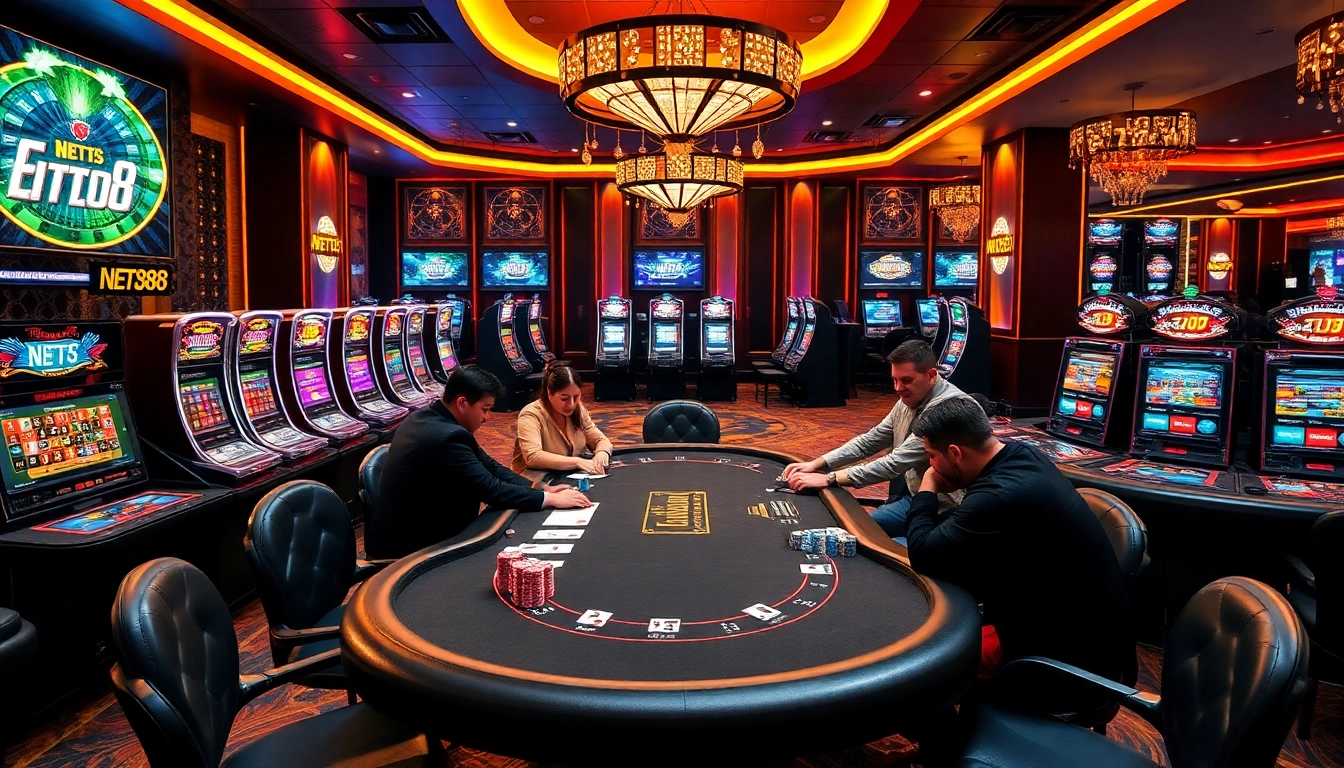 Players enjoying high-stakes poker at a luxurious NET88 gaming lounge with vibrant slot machines.