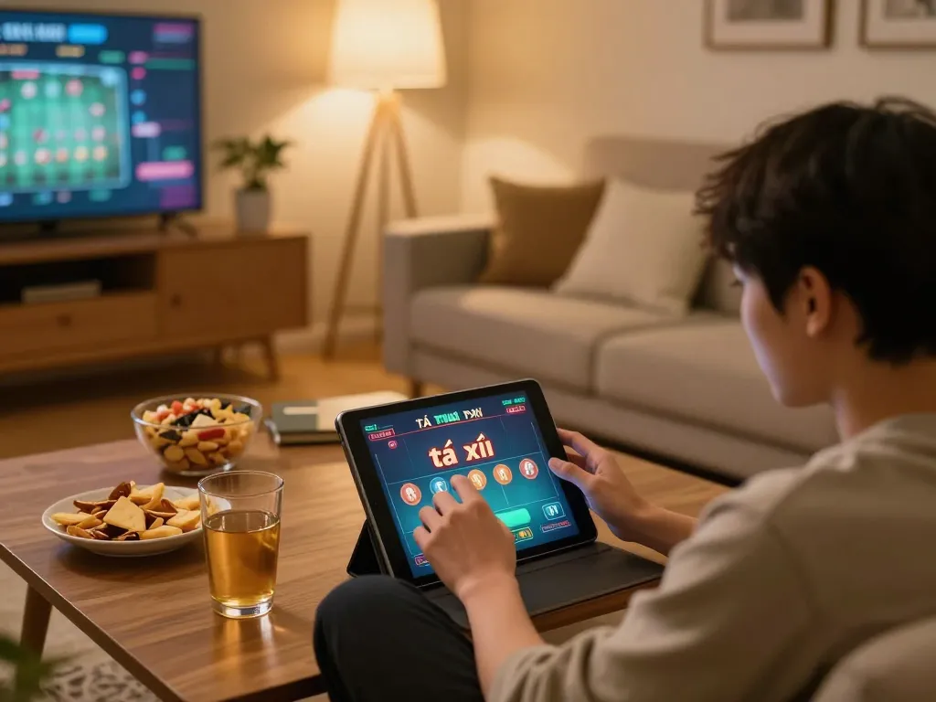 Playing tài xỉu online on a tablet in a cozy living room with snacks and drinks.