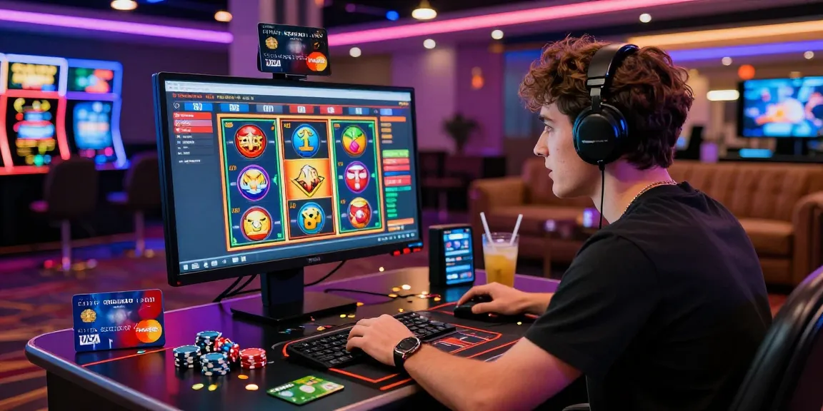Engaging online casino gaming experience at https://brcs.co.uk with colorful display of credit card slots, neon lights, and bonuses.