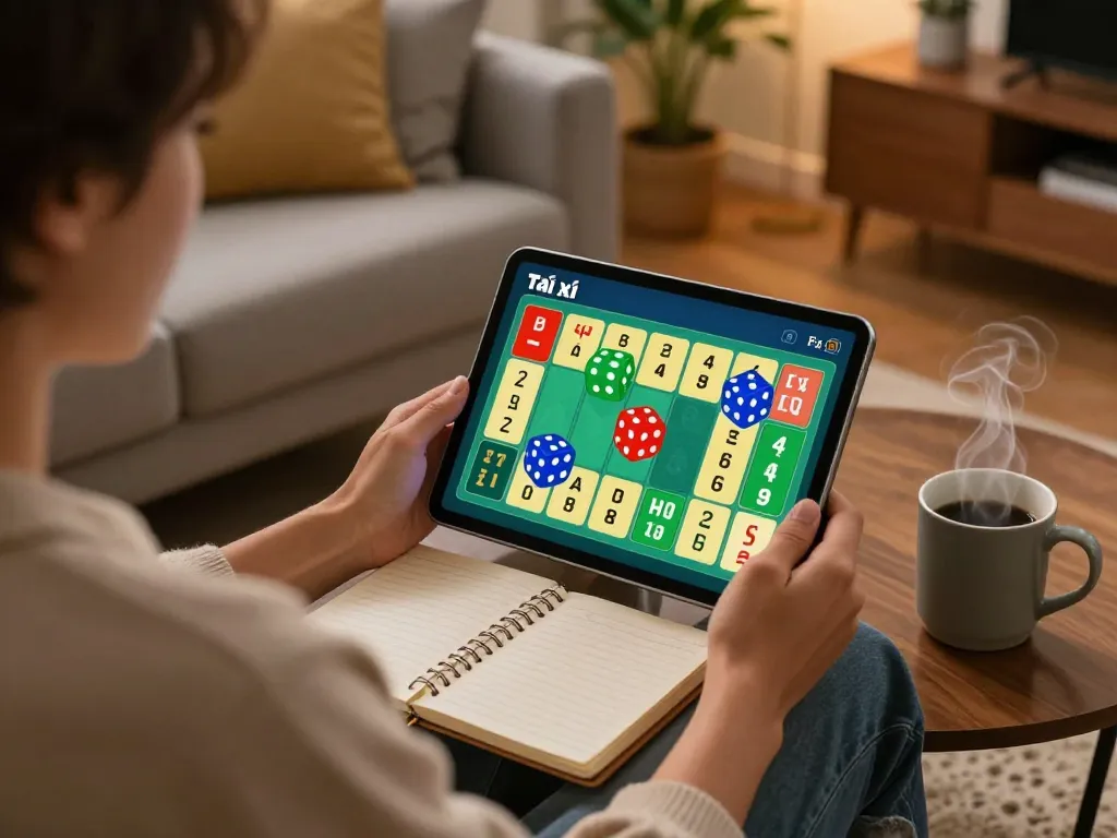 Player enjoys app tài xỉu experience on tablet, engaging in strategic betting with warm home ambiance.