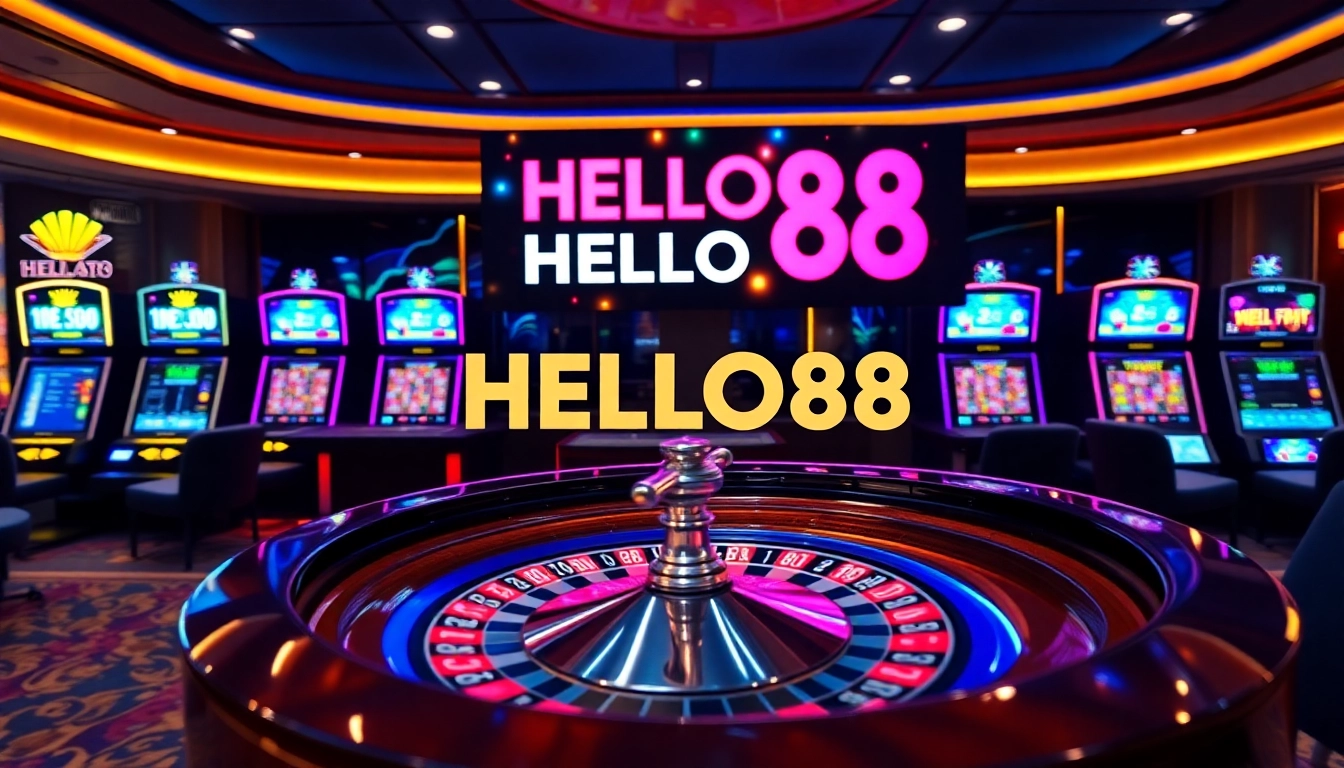 Engaging scene of HELLO88 with roulette and slot machines, showcasing vibrant casino excitement.