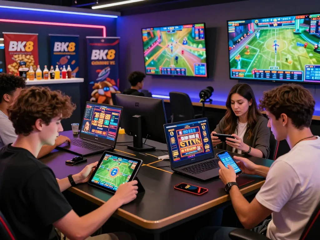 Players actively engaging with the BK8 platform in a modern gaming lounge showcasing sports betting and casino games.