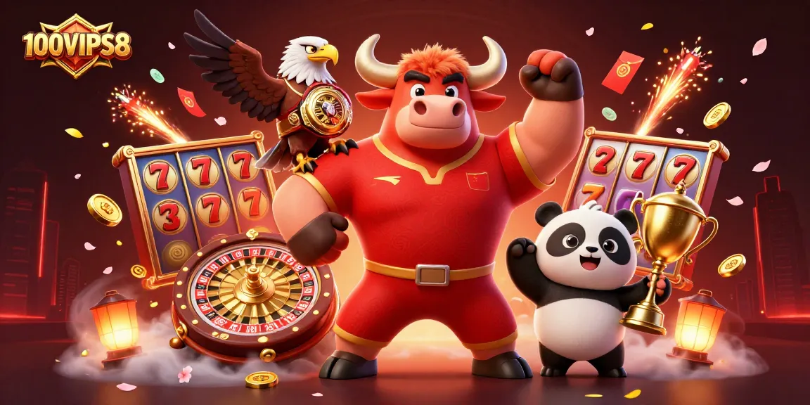 Experience the excitement of 100VIPS8 with colorful slots and trophies in a vibrant casino scene.