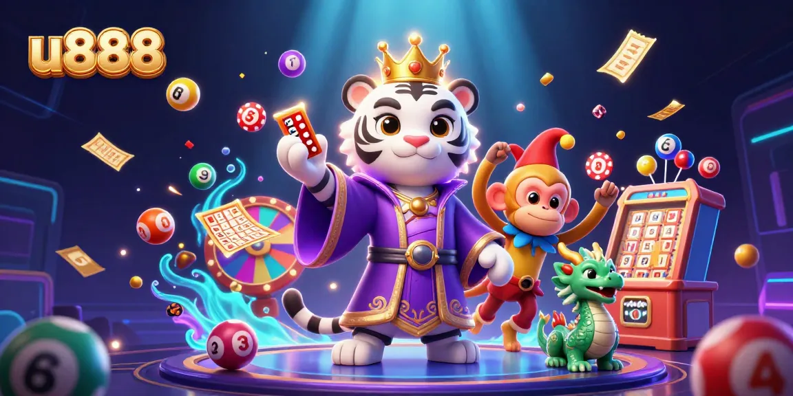 u888 offers thrilling lottery action with a colorful 3D illustration featuring lively characters and dynamic casino elements.