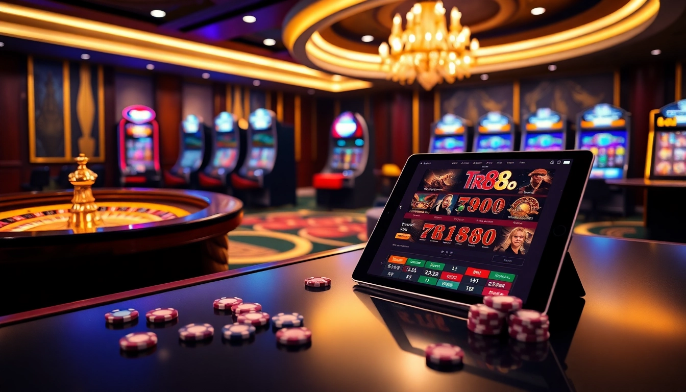 Engaging in a thrilling game of poker at a luxurious casino showcasing tr88 elements.