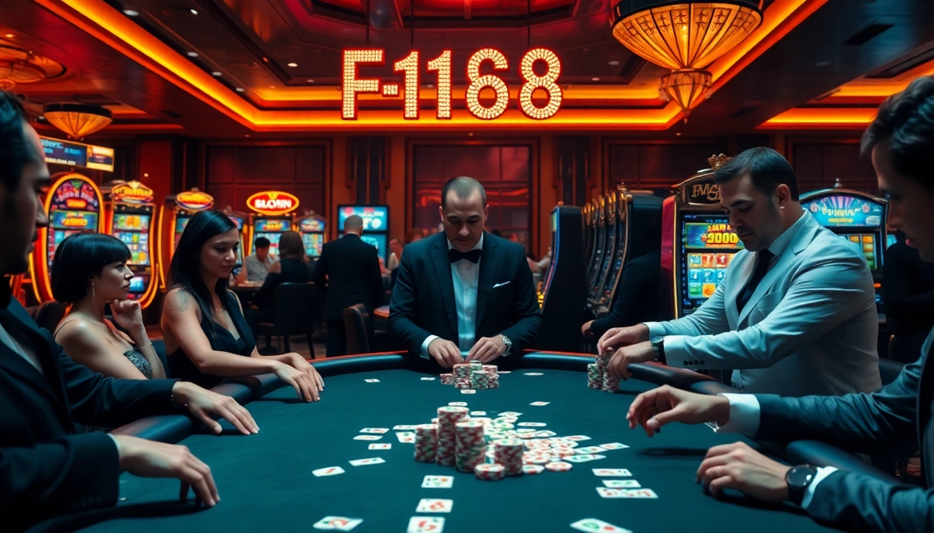 Intense poker action at F 168 casino, showcasing chips and cards under vibrant lights.
