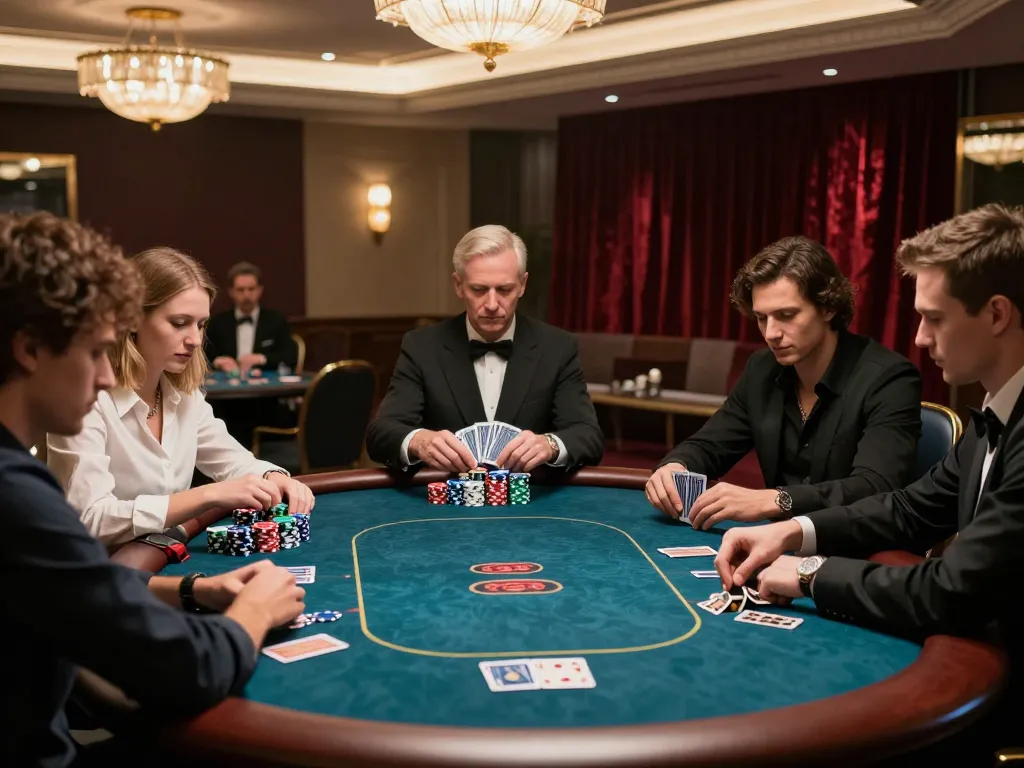 king88 poker players strategizing at a high-stakes table in a luxurious setting