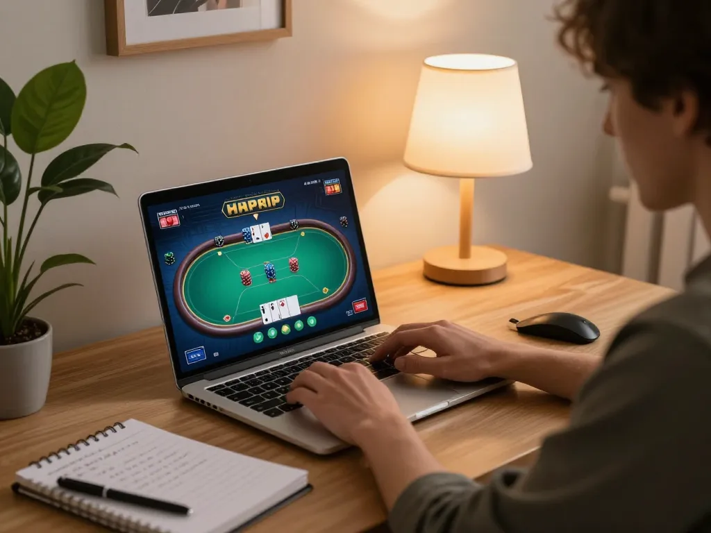 Đăng ký 9bet in action as a player engages in an online poker game from a cozy home office.