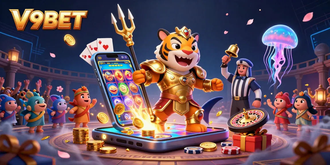 Experience thrilling wins with V9BET's vibrant casino illustration showcasing excitement and gaming elements