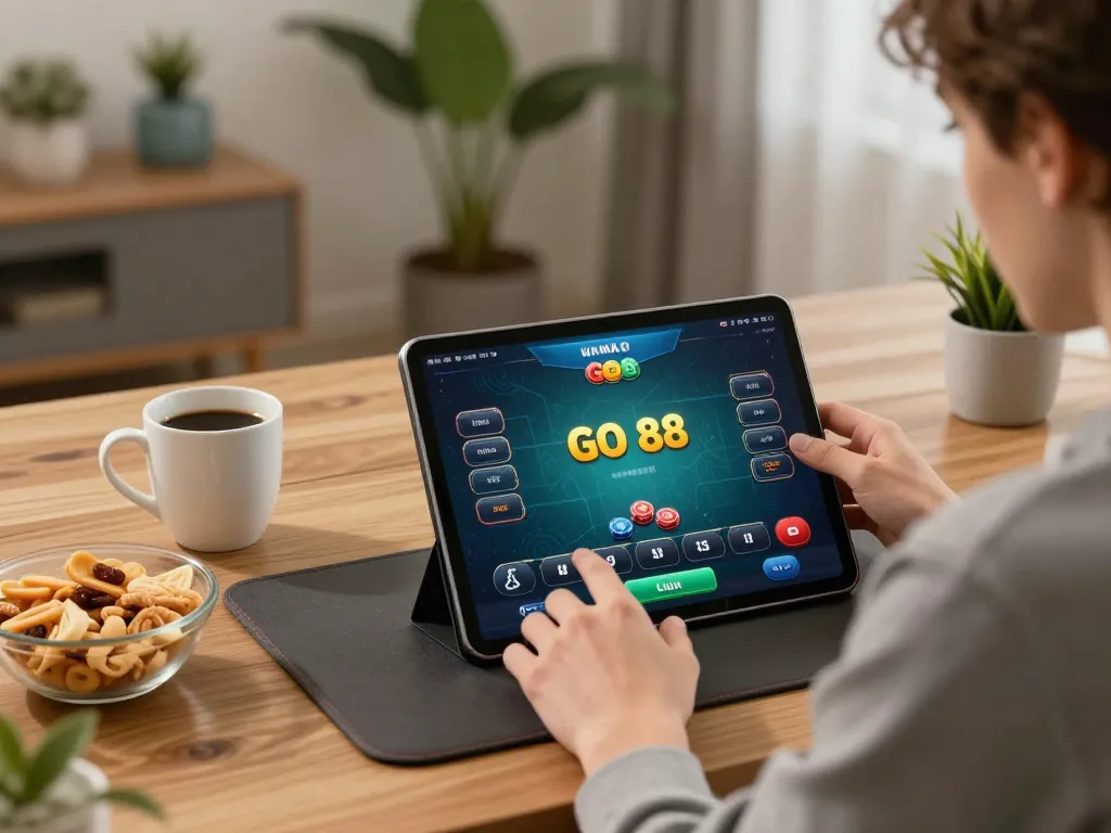 Engaging with Go 88 poker game on a tablet, cozy home setting with decor.