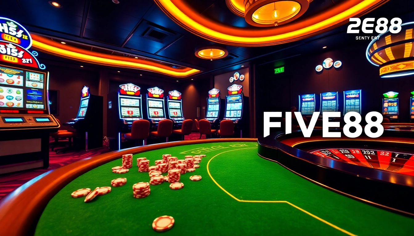 Experience the excitement of FIVE88 casino with vibrant slot machines and poker chips.
