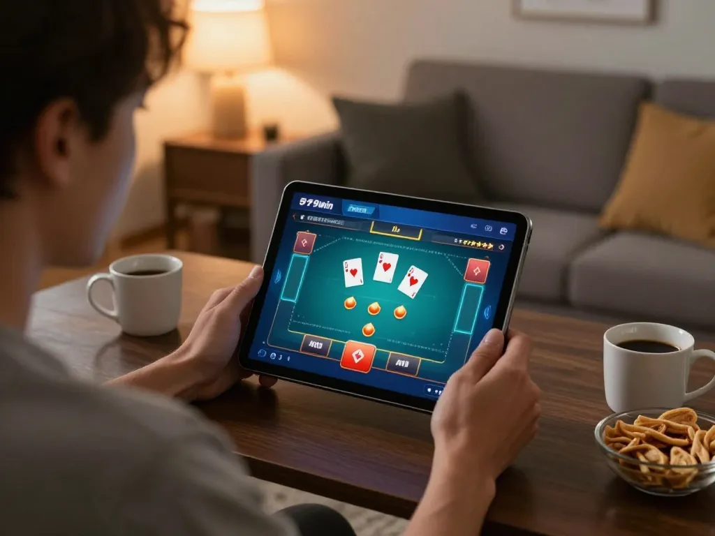 Play poker on 789win with an engaging online setup in a cozy living room.
