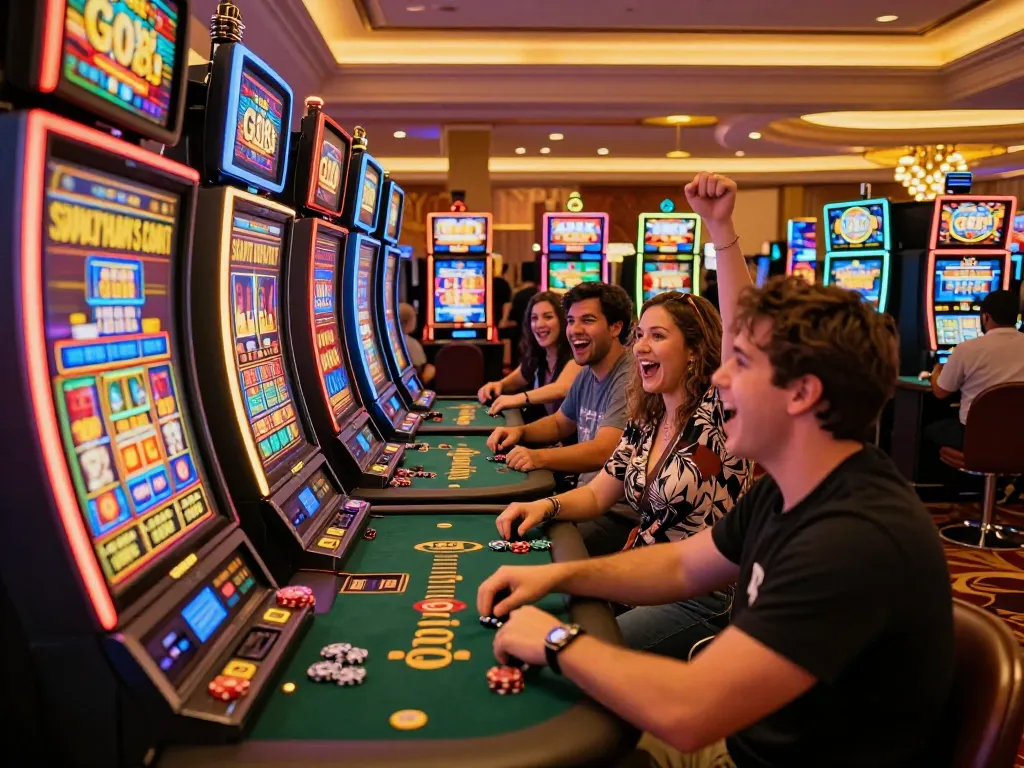 Players enjoying thrilling slot games at Go8 casino, celebrating wins amid vibrant lights.