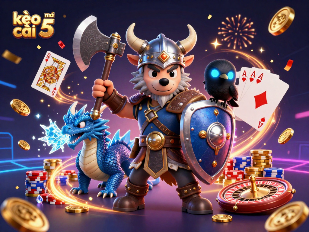 Engage with kèo nhà cái 5 and experience thrilling gameplay featuring a Viking warrior, dragon, and casino elements.