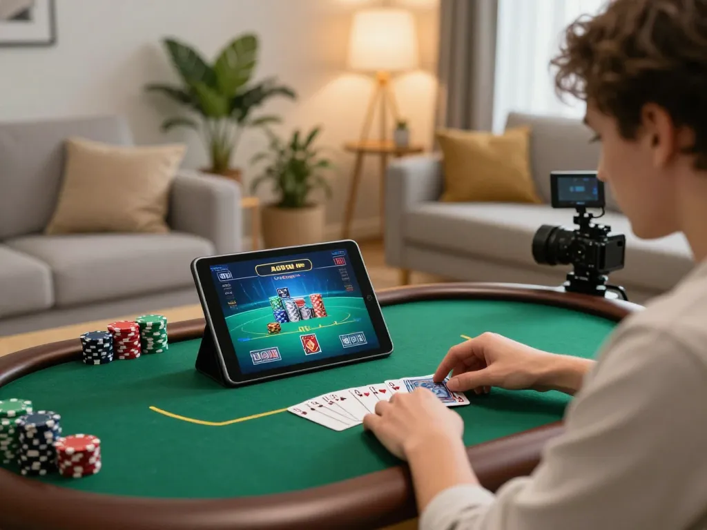 Engaging with SHBET on a tablet for strategic online poker betting in a cozy setting.