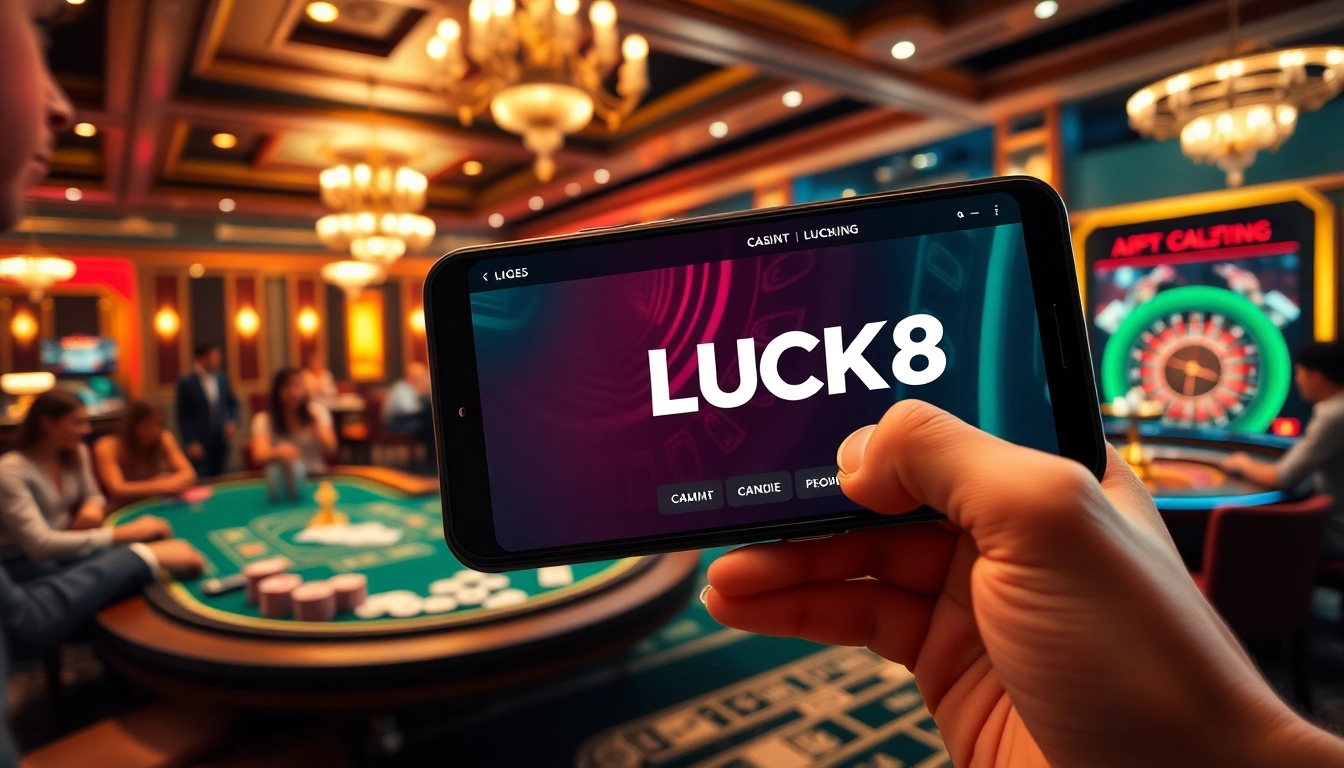 TẢI APP LUCK8 on a luxurious casino table with poker chips and cards in an exciting setting.