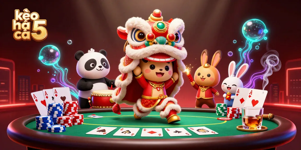 Engage with kèo nhà cái 5 showcasing poker dynamics and festive characters in a vibrant casino setting.