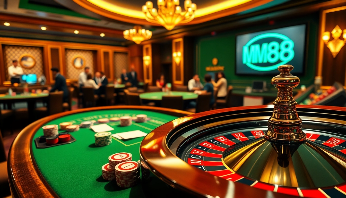 Experience high-stakes action at MM88 poker tables and roulette wheels in an upscale casino.