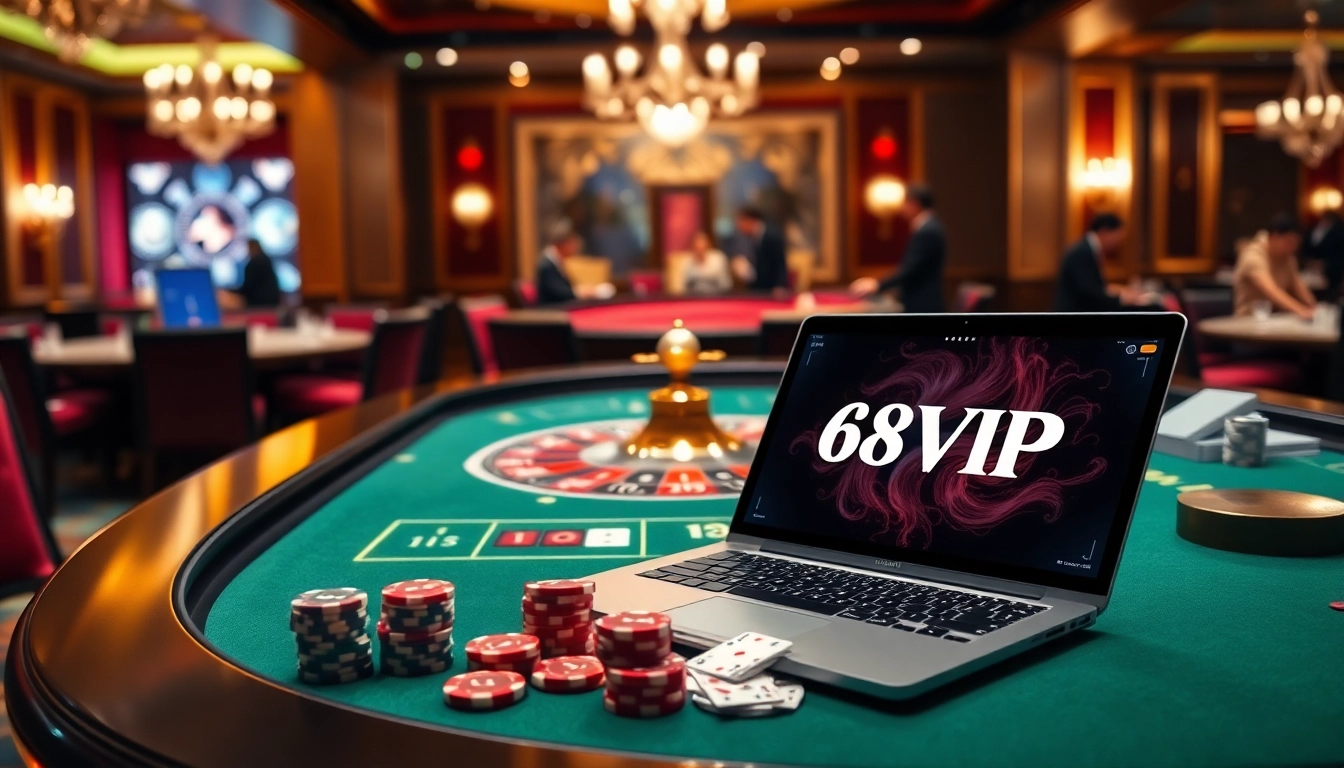 Gambling excitement at 68VIP's online casino with roulette, cards, and luxury ambiance.