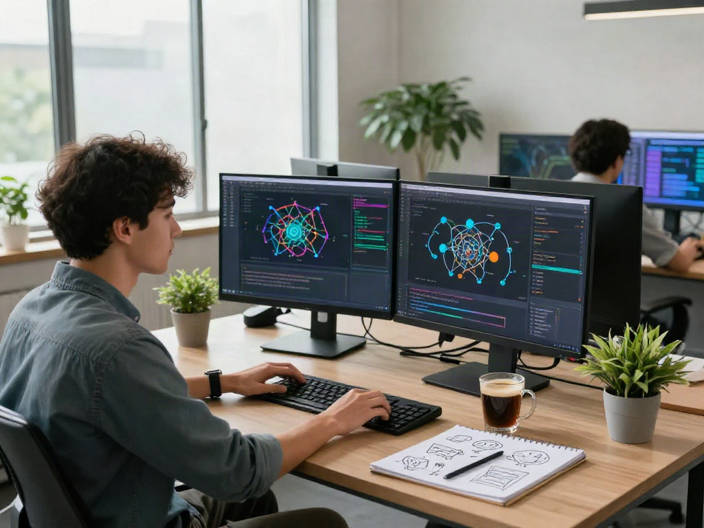AI developer focused on coding neural networks in a modern workspace with tools for ia +18 projects.