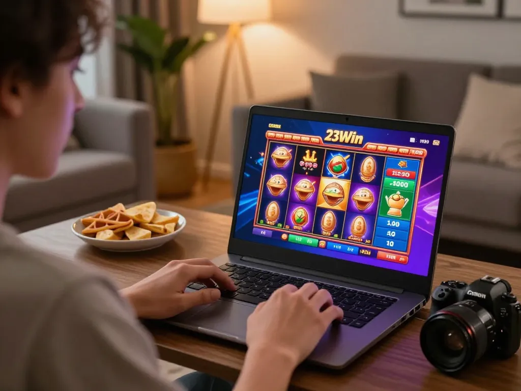 Engaged player exploring 23Win's exciting online slot games from a cozy home setting.