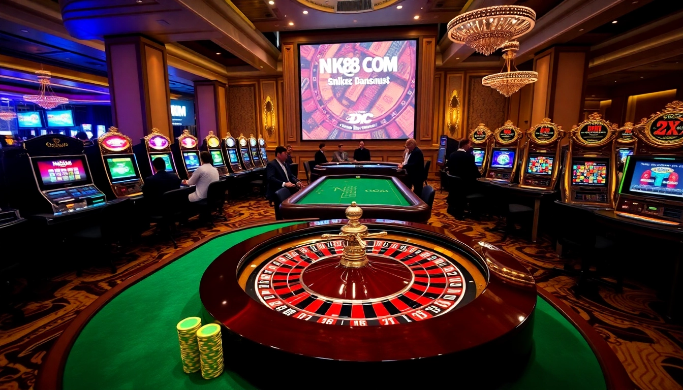 NK88 COM casino atmosphere with roulette wheel, poker chips, and vibrant slot machines.