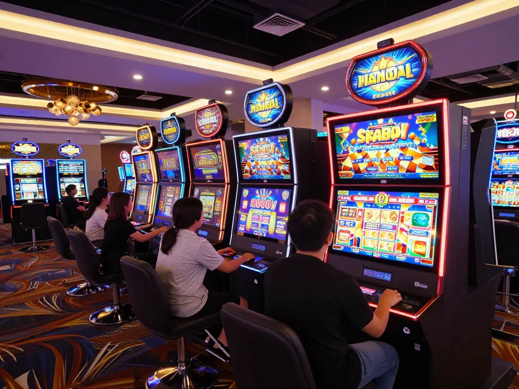 Experience the vibrant Slot Malaysia gaming scene with players engaging at colorful slot machines