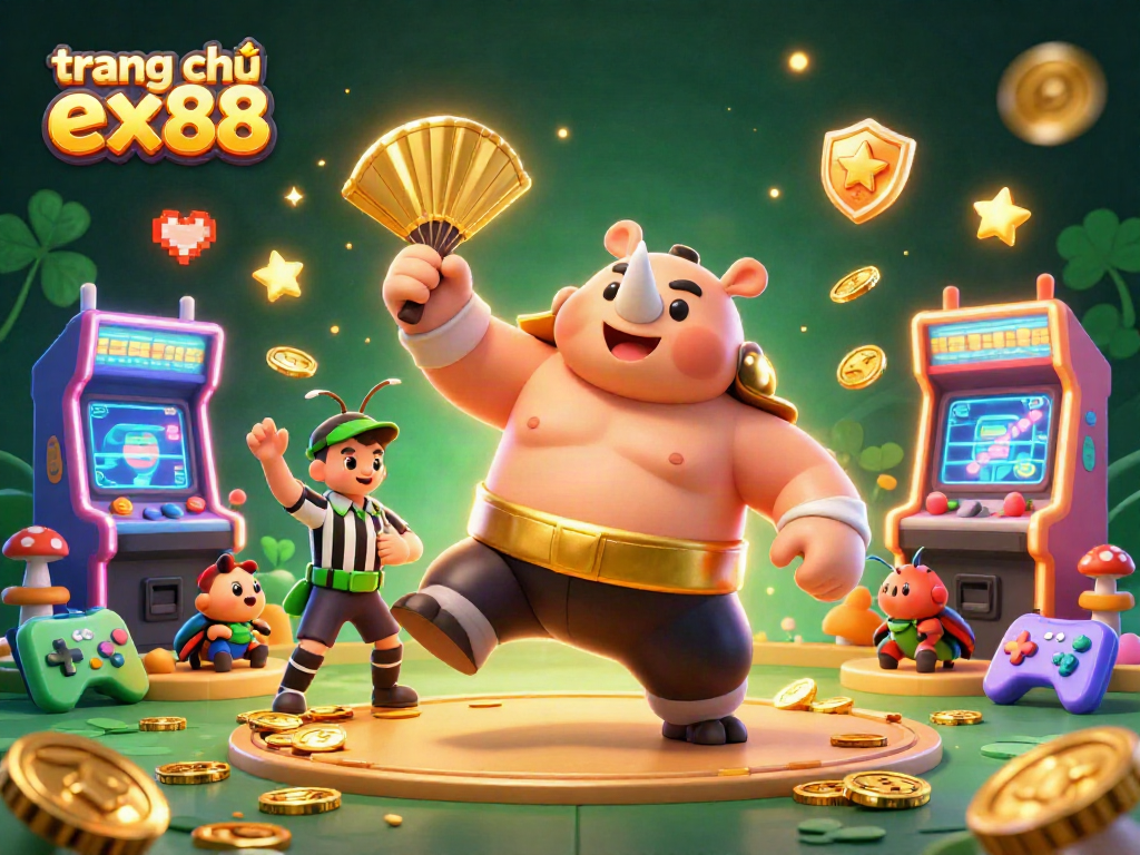 Experience excitement on trang chủ ex88 with a dynamic cartoon scene of a beetle sumo champion celebrating wins.