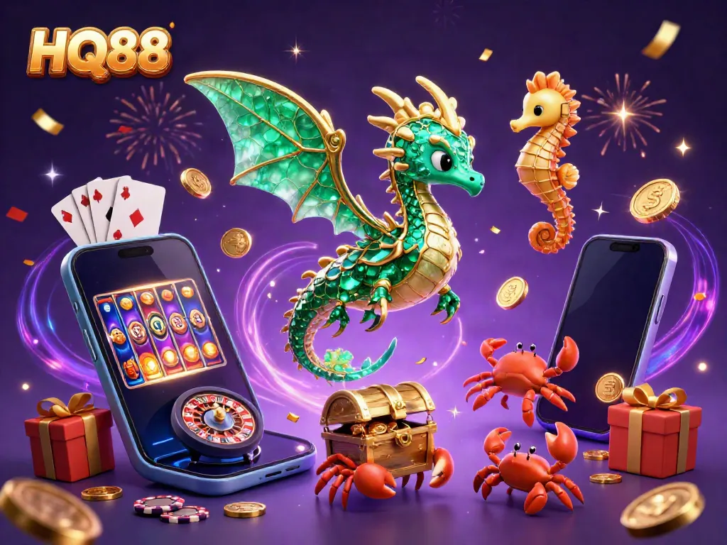 Engage in exciting games at HQ88 with vibrant visuals of a cartoon sea dragon and gambling elements.