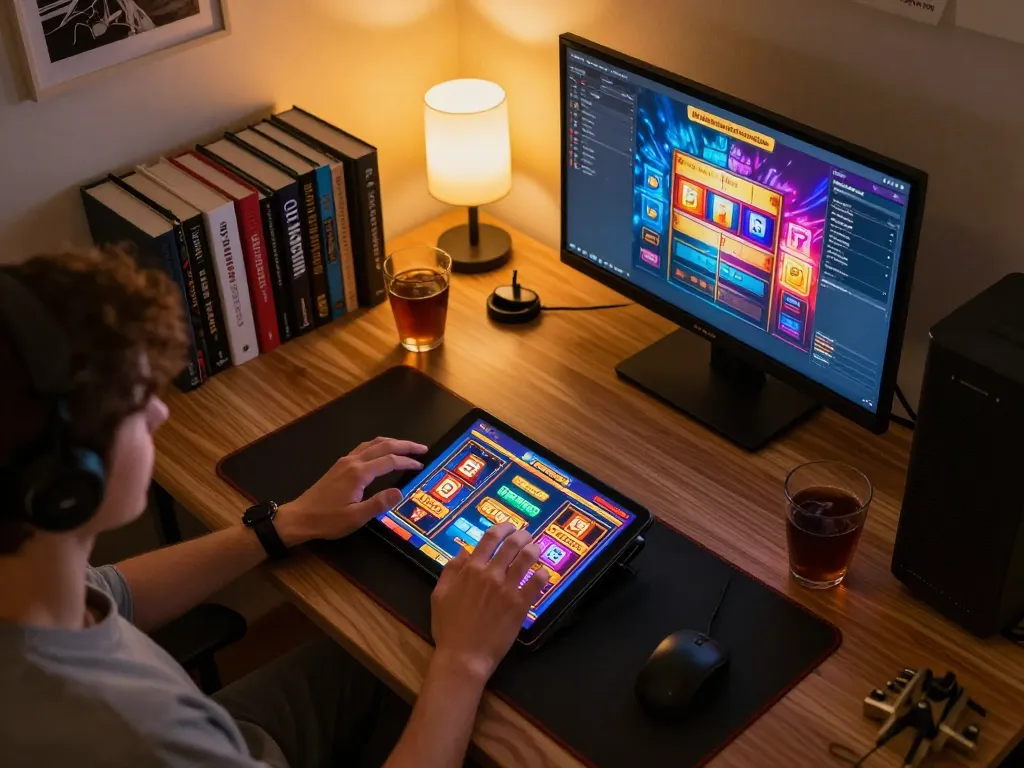 Player enjoying online gaming session on 81ff platform, vibrant slot graphics displayed on tablet