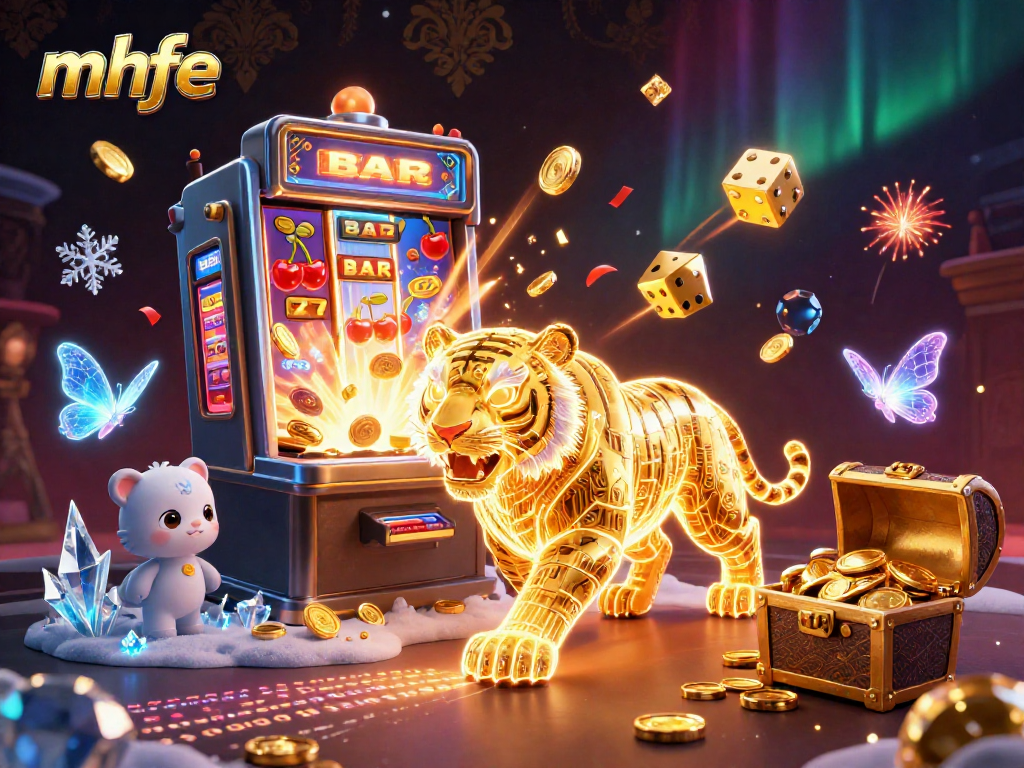 Spin and win at mhfe's vibrant digital casino with a neon tiger amidst a jackpot explosion.