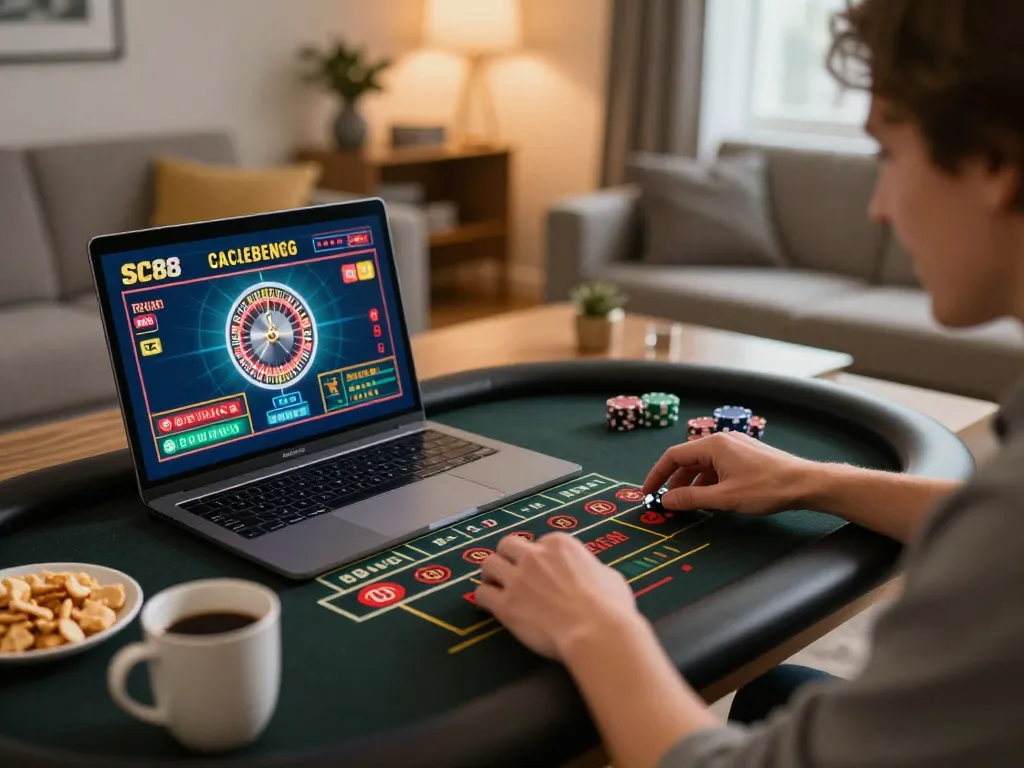 Player engaging in strategic live roulette gameplay on SC88 laptop at home, creating an inviting online casino atmosphere